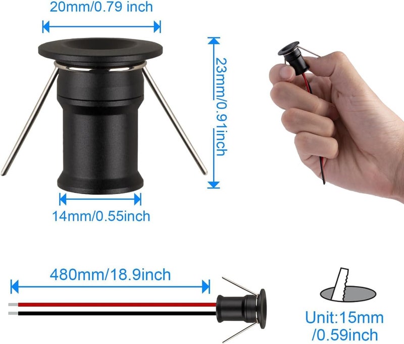 HHTUN 902 120°LED mini Spotlight,DC12V 1W,80Ra,75lm,Small Size,Embedded Installation,Suitable for Cabinet Lighting Such as Wine cabinets,Shoe cabinets,etc.,with Power Supply(3000K,Black,9Pack) - Image 4